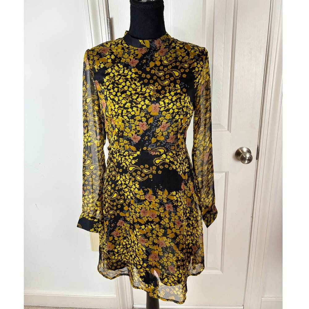 Jacqueline de Yong Floral Paisley Mock Neck Mini Dress Black Yellow Sz 36 US 4-6